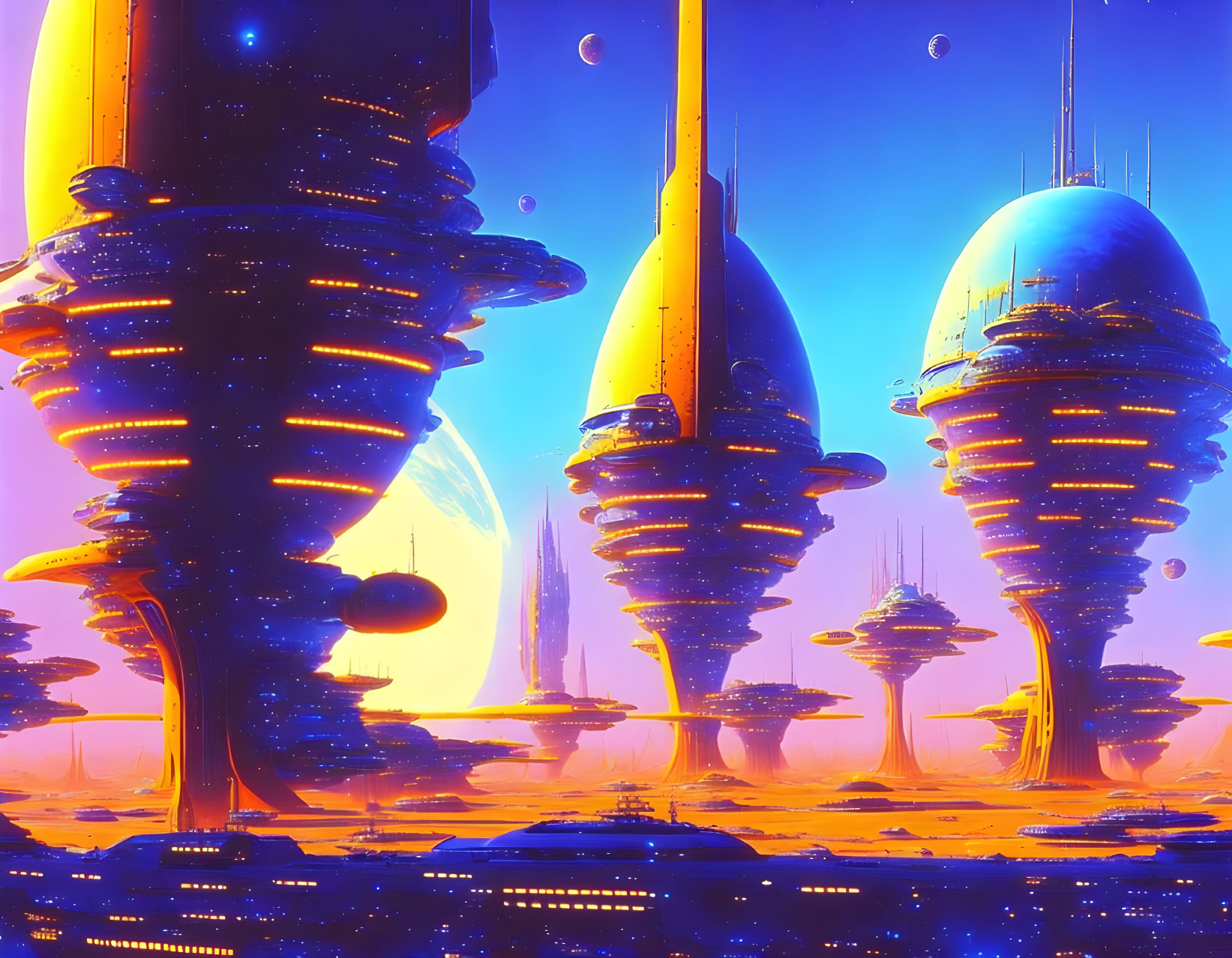 Futuristic cityscape with towering bulbous structures under a golden sky.