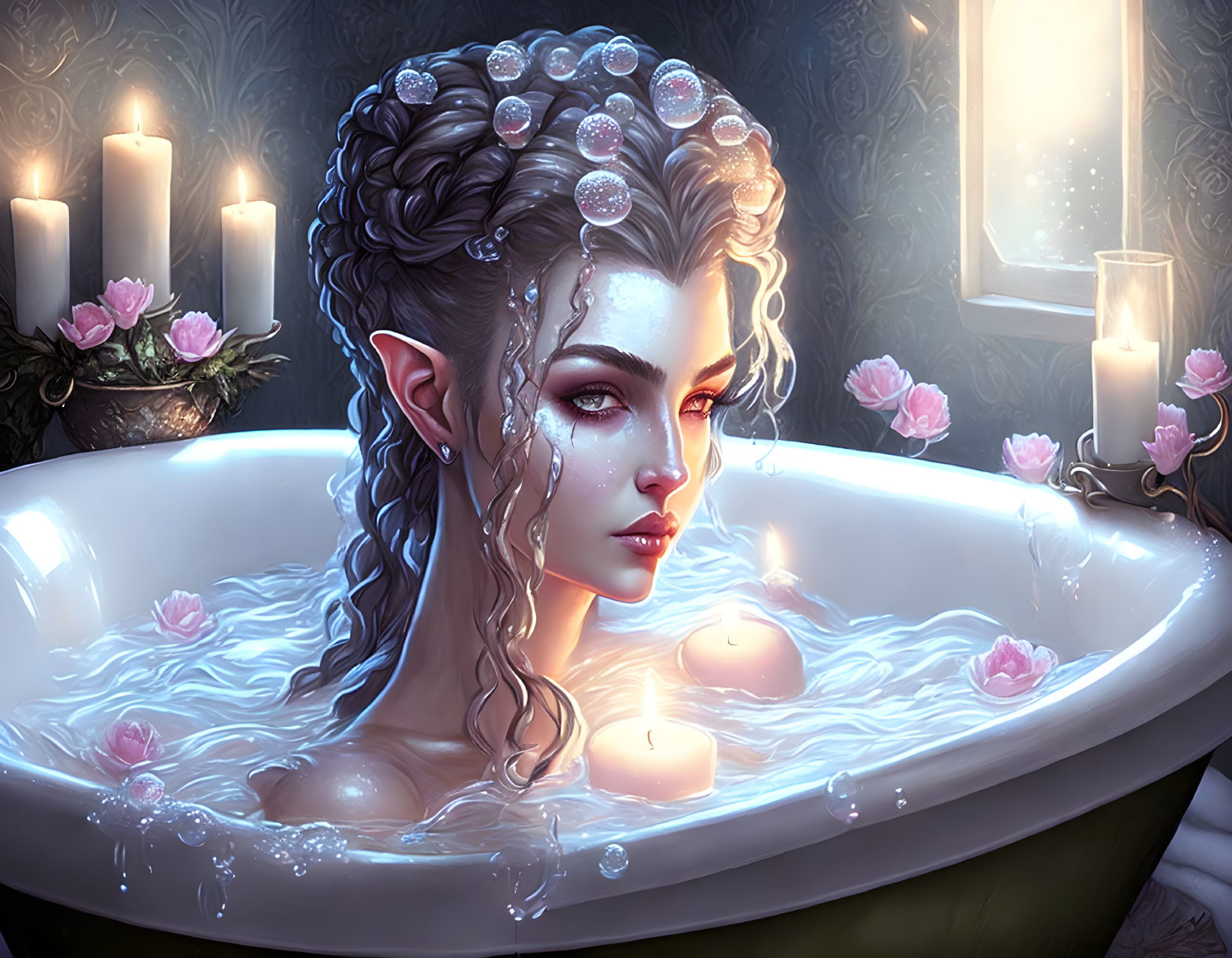 Ethereal elf bathing with pearls, candles, roses, and luminous light