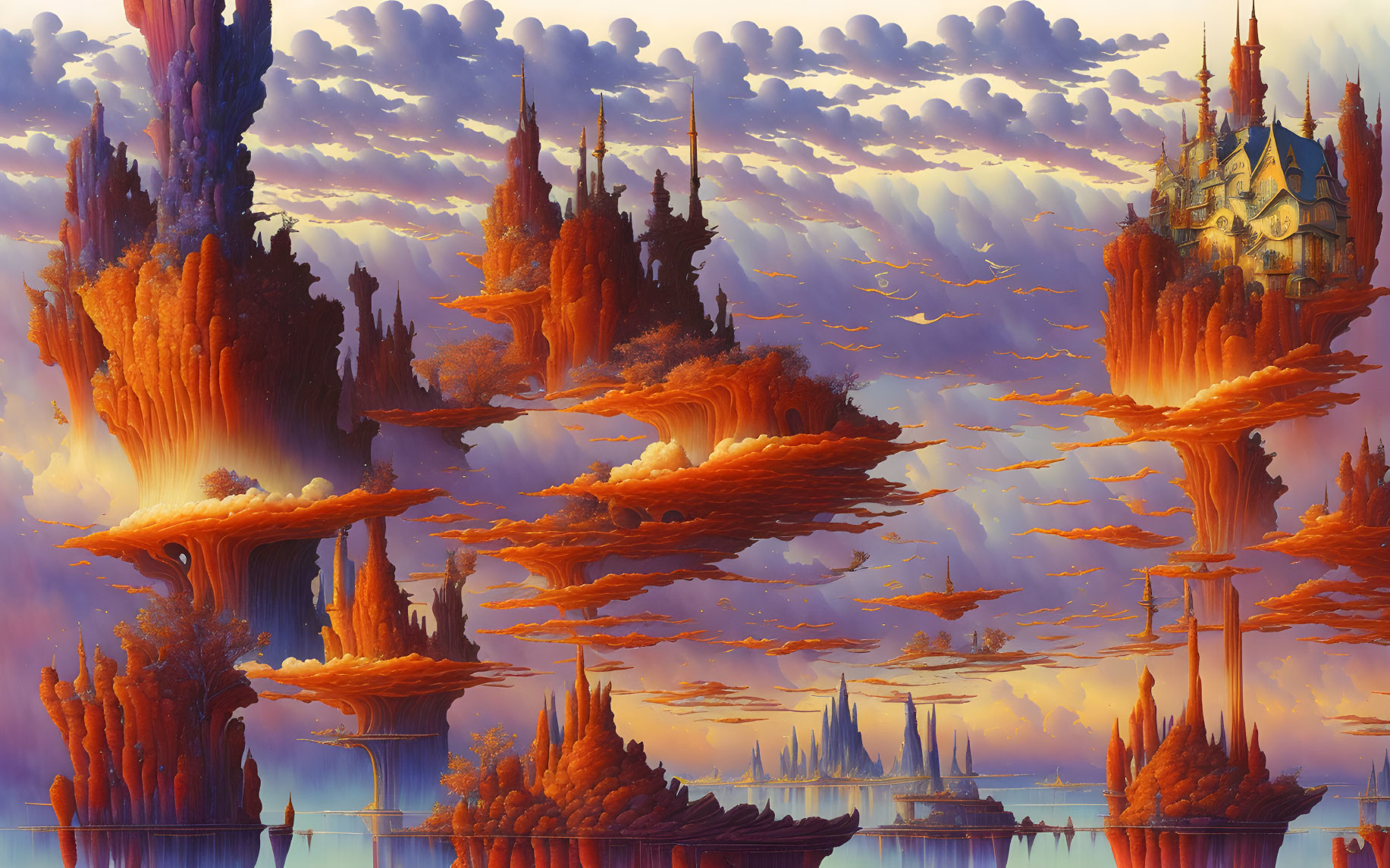 Fantastical landscape with floating islands, spires, and castle in dreamy sky