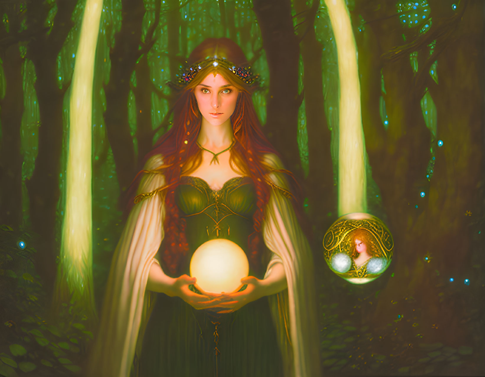 Mystical woman with glowing orb in enchanted forest