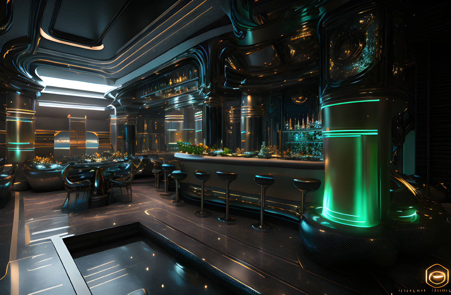 Sleek futuristic bar with neon green lighting & glossy black surfaces