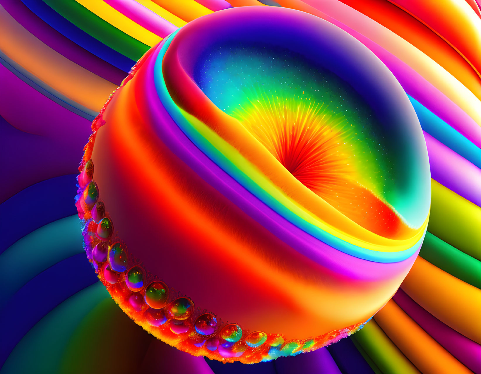 Colorful Glossy Sphere with Rainbow Vortex on Wavy Background