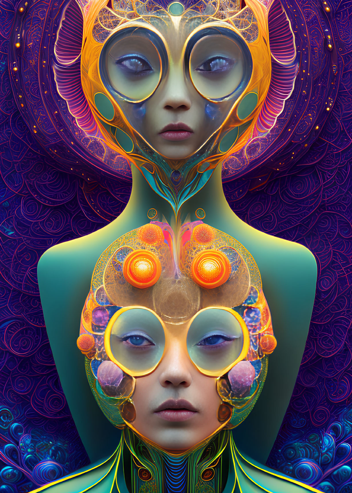 Colorful digital artwork: Figure with multiple eyes and intricate patterns