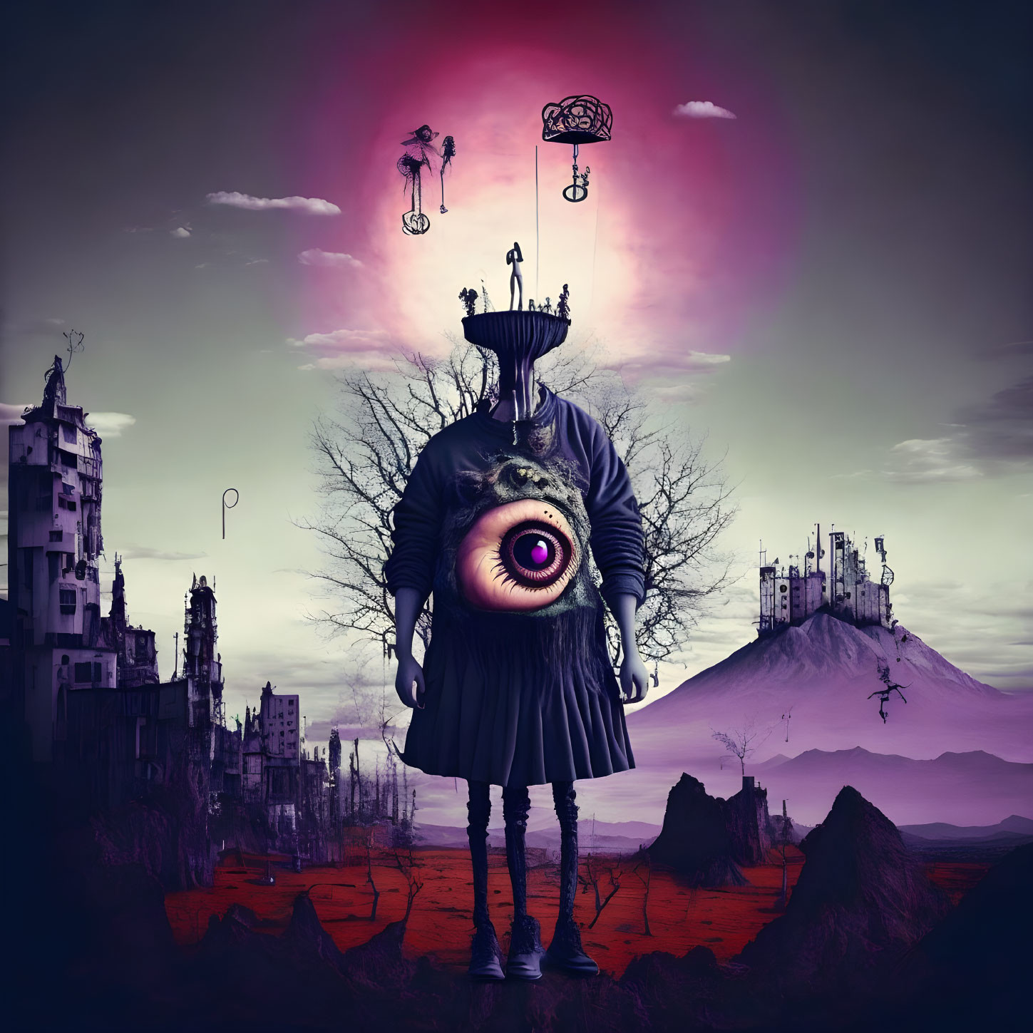 Surreal digital artwork: figure with eye face, desolate landscape, floating islands