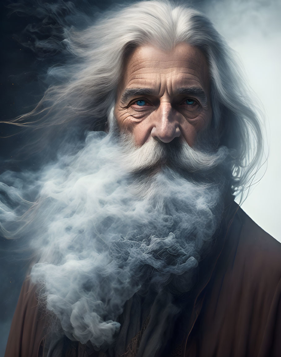 Elderly man with white beard and blue eyes in digital painting