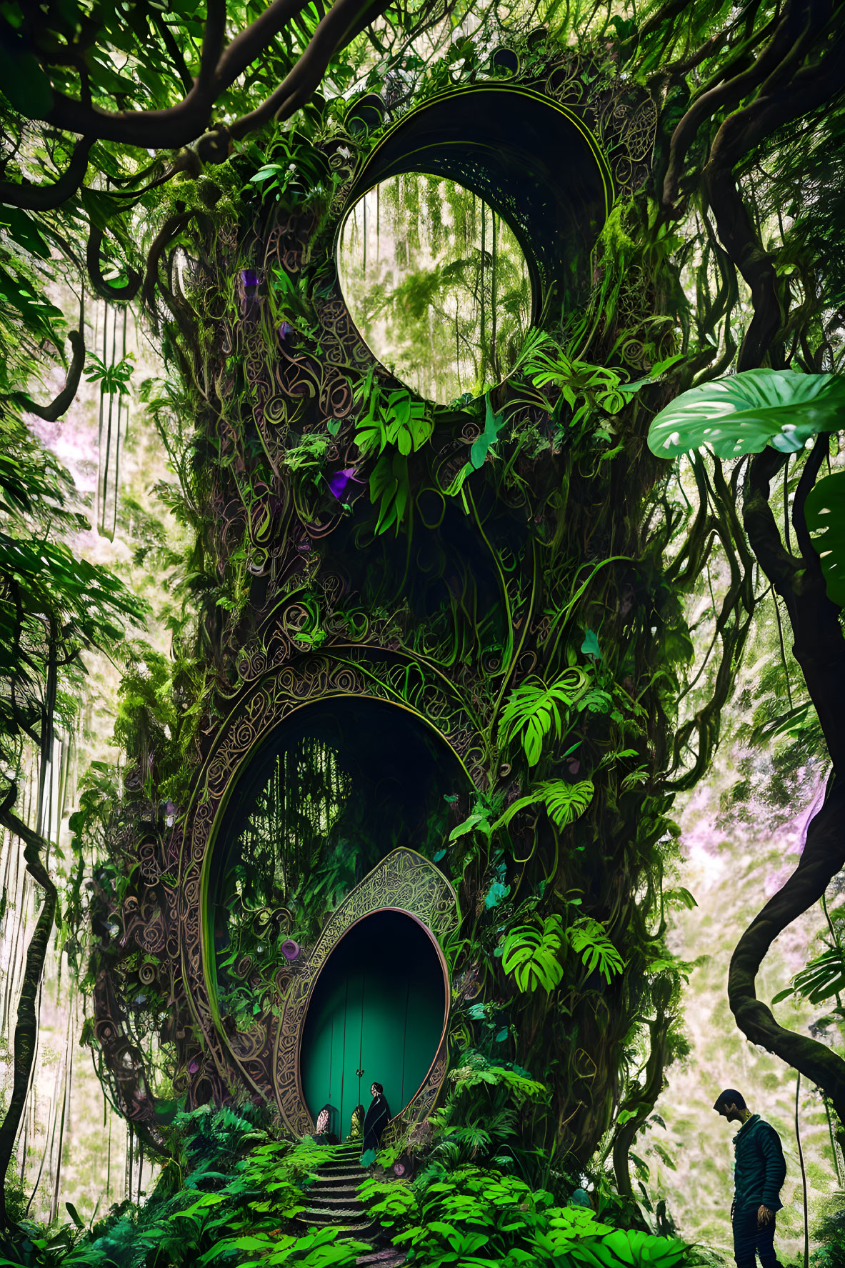 Ethereal forest scene with ornate doorways and lush greenery