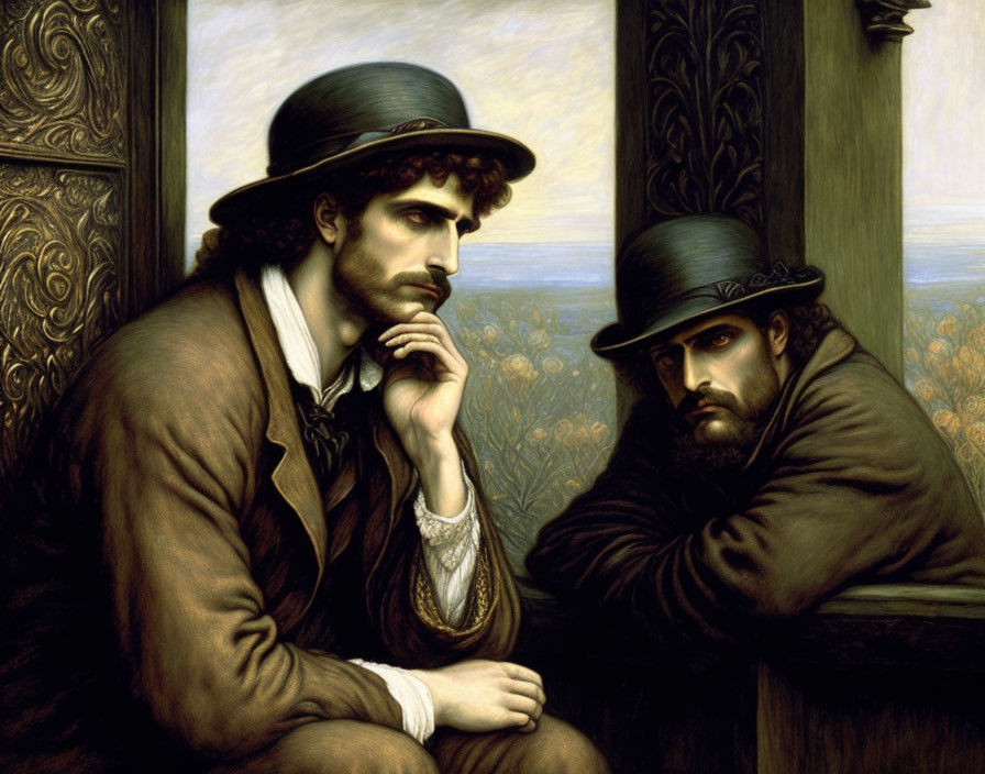 Victorian men in hats contemplate with pastoral background