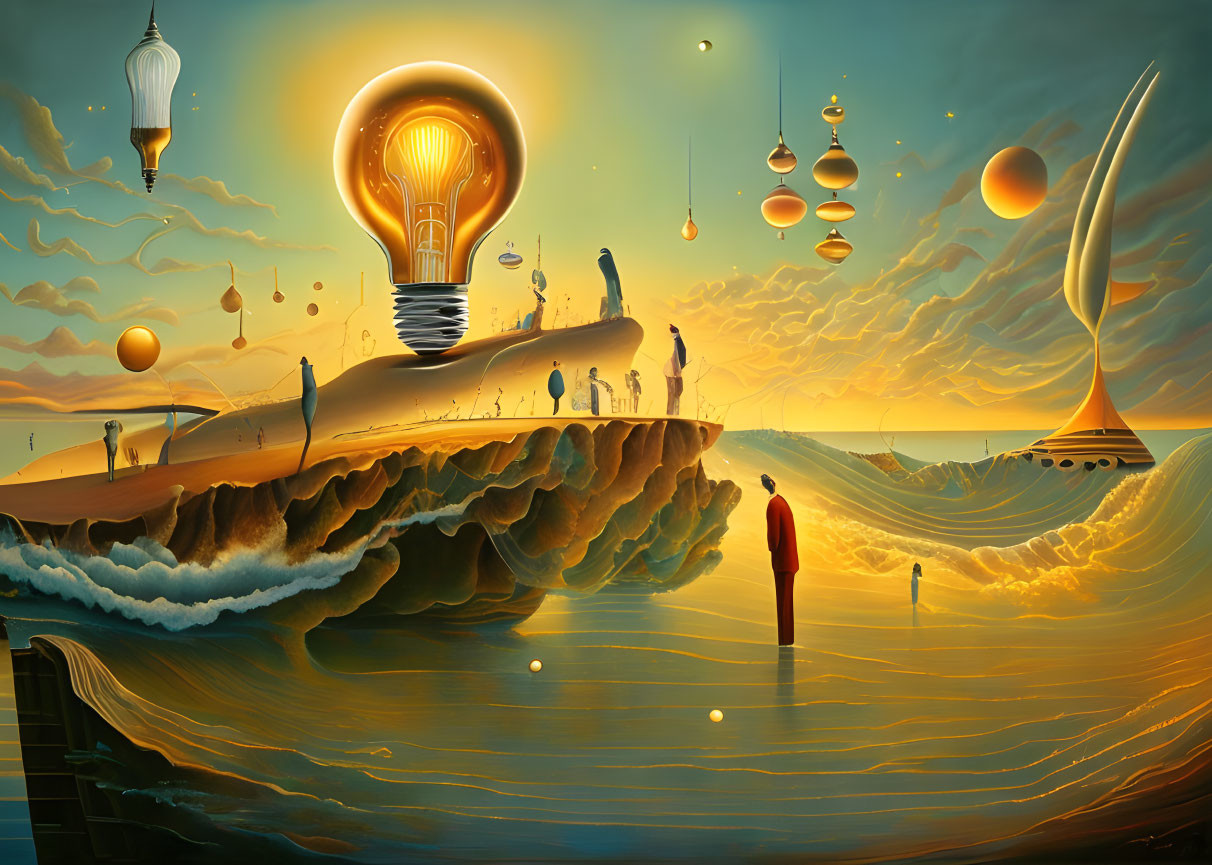 Surrealist landscape with giant floating lightbulb and fantastical structures