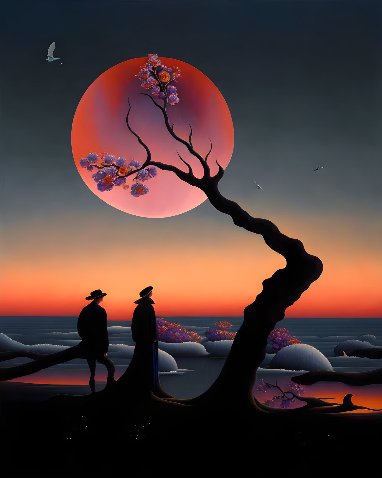 Silhouetted figures under a blooming tree with red moon and twilight sky.