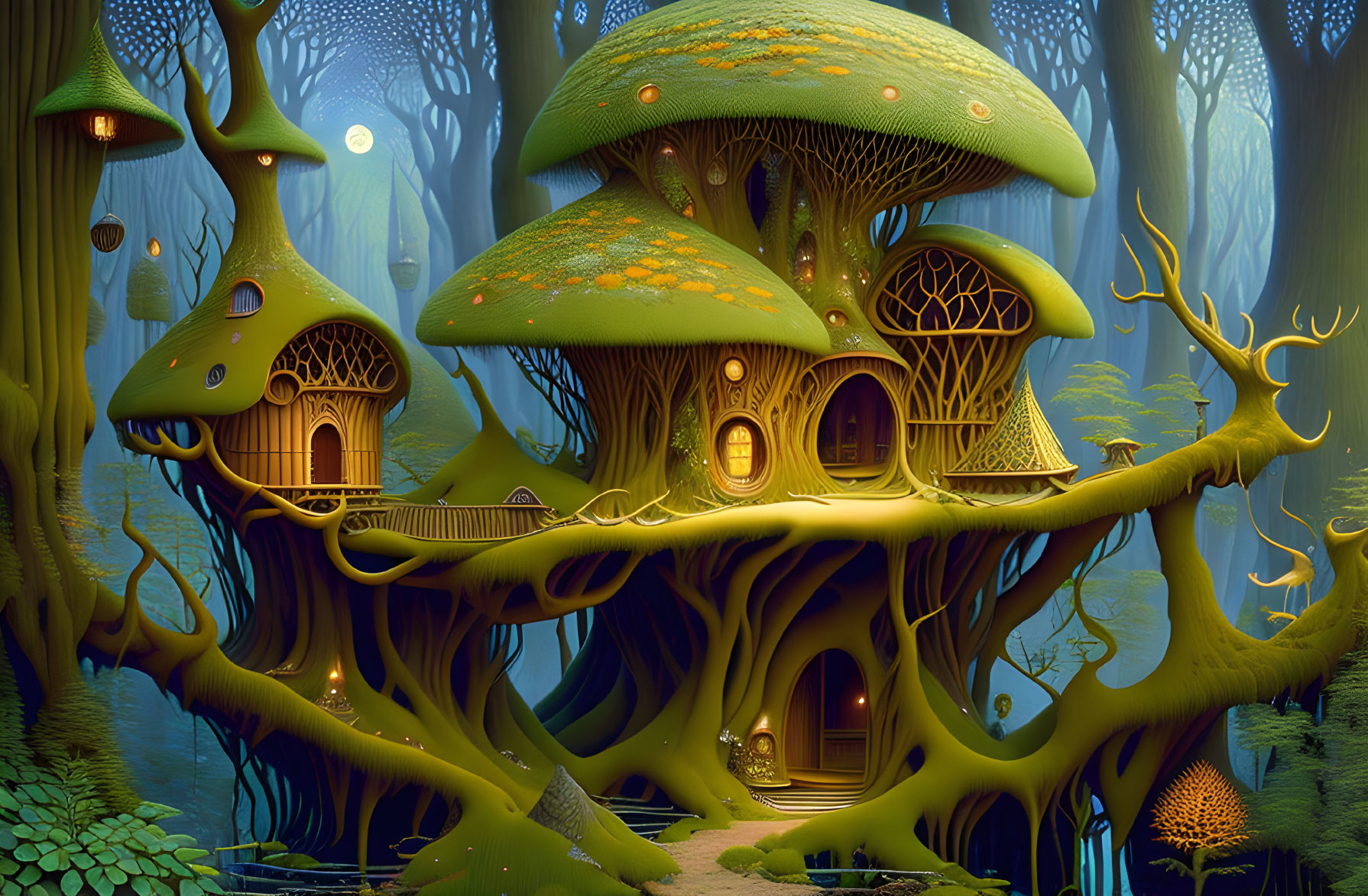 Enchanting forest with whimsical mushroom houses