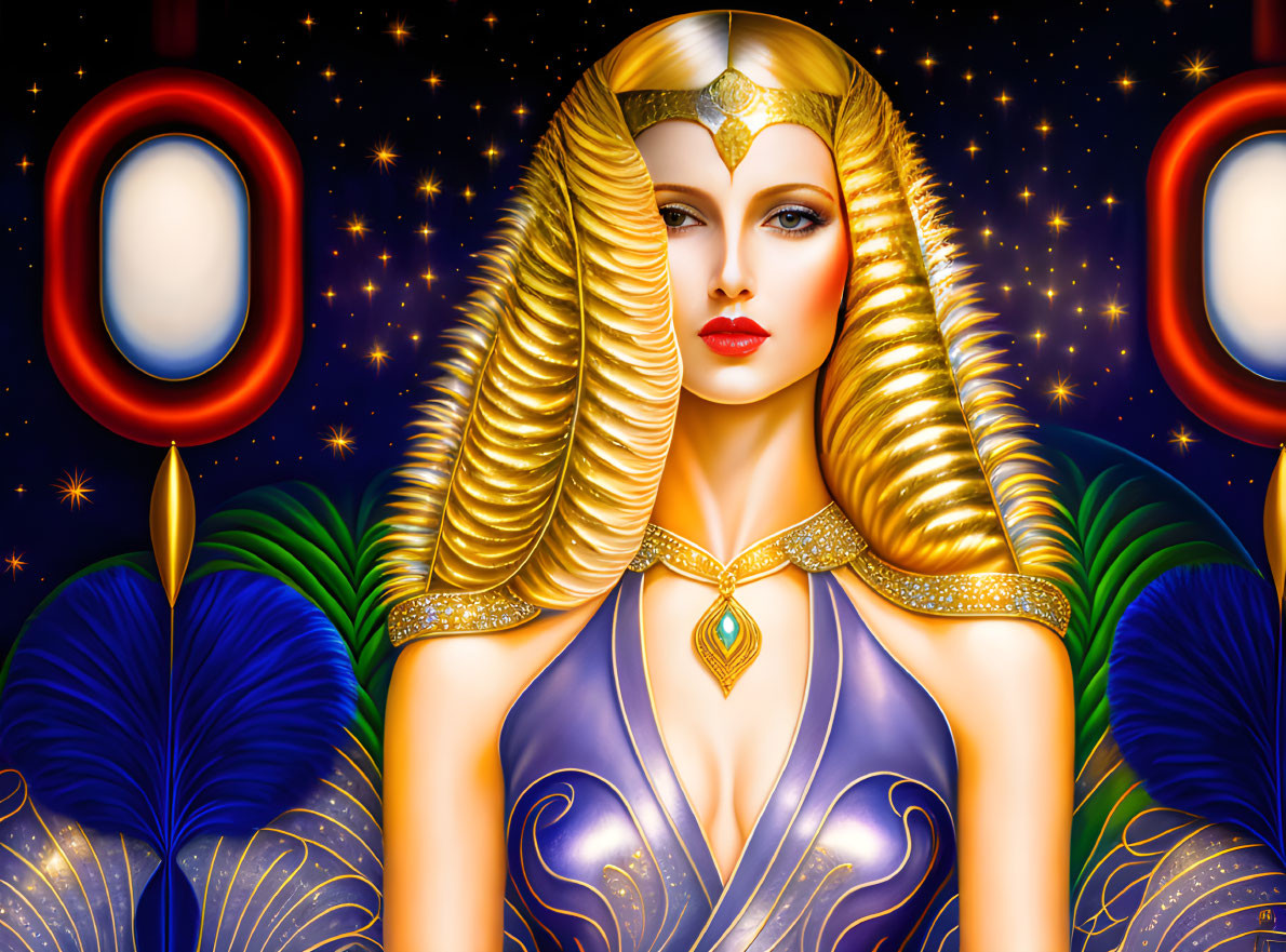 Golden-haired woman with art deco headpiece in starry setting.