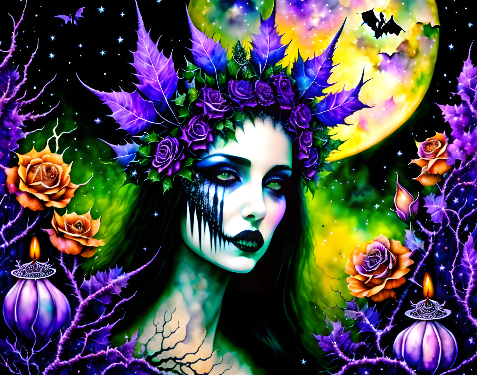 Colorful Gothic Woman Artwork with Floral Crowns, Moon, Stars, and Candles