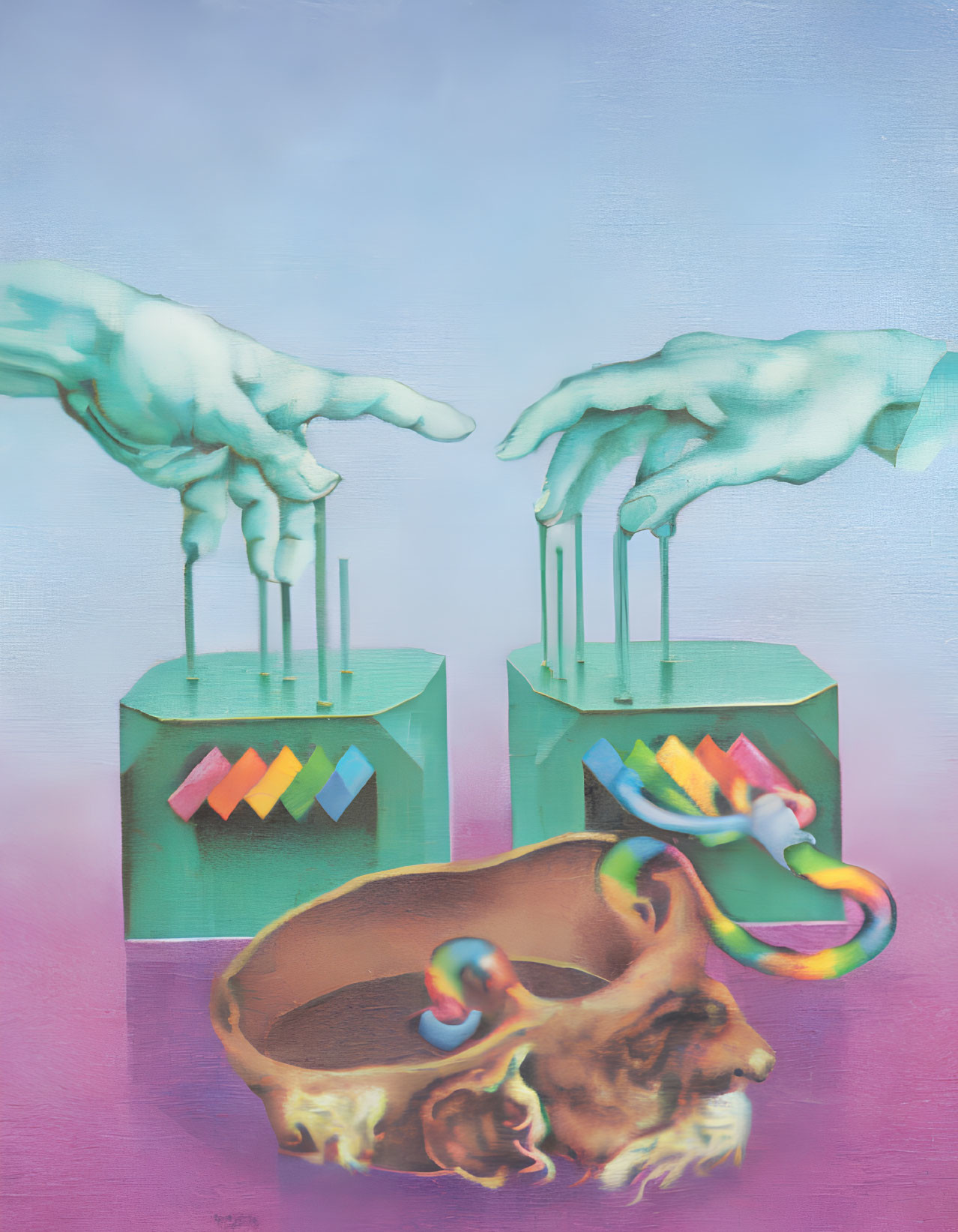 Surreal hands with dripping fingers over colorful pedestals and abstract bowl.