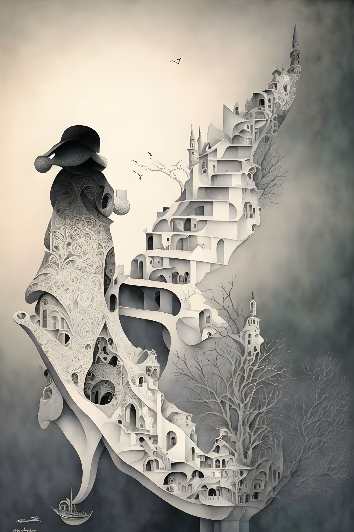 Monochrome surreal illustration: woman's silhouette in whimsical architectural landscape