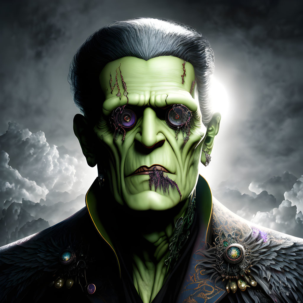 Detailed Frankenstein-like character digital artwork under moody sky