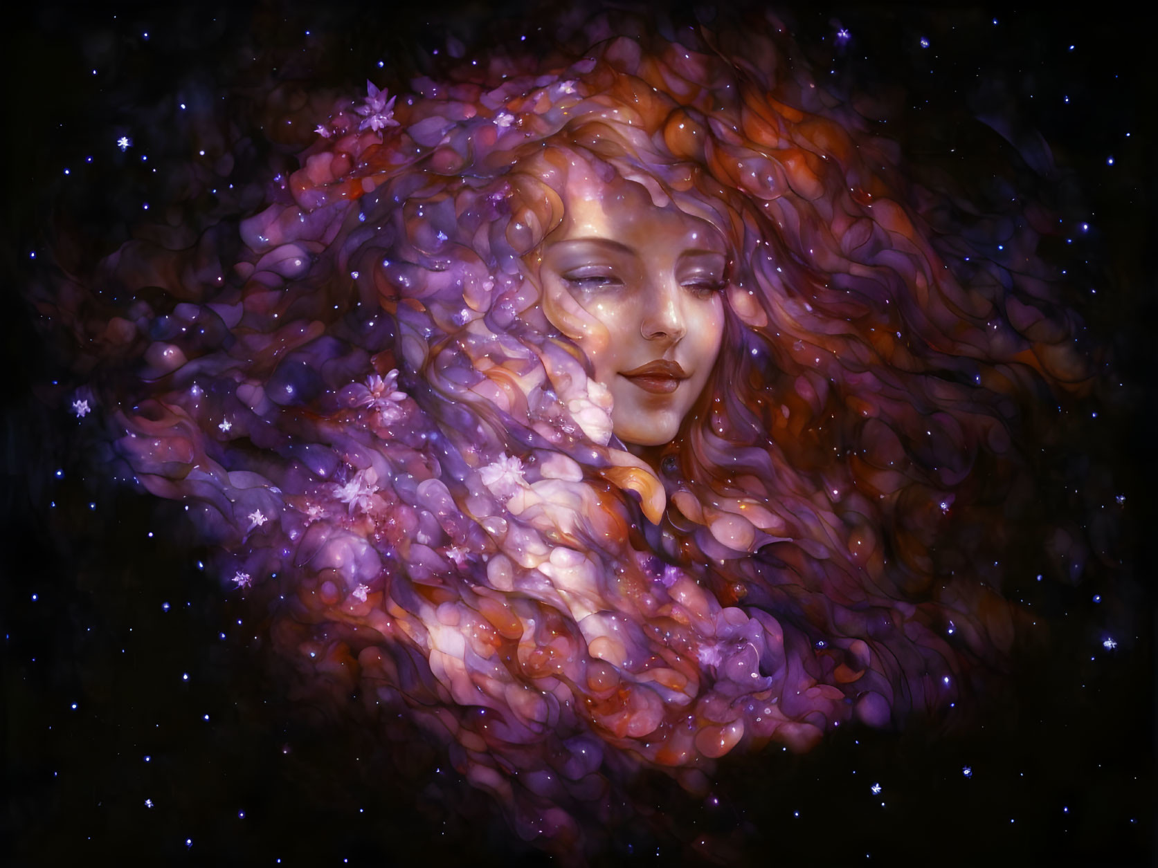 Vibrant surreal portrait: woman's face merges with cosmic nebula