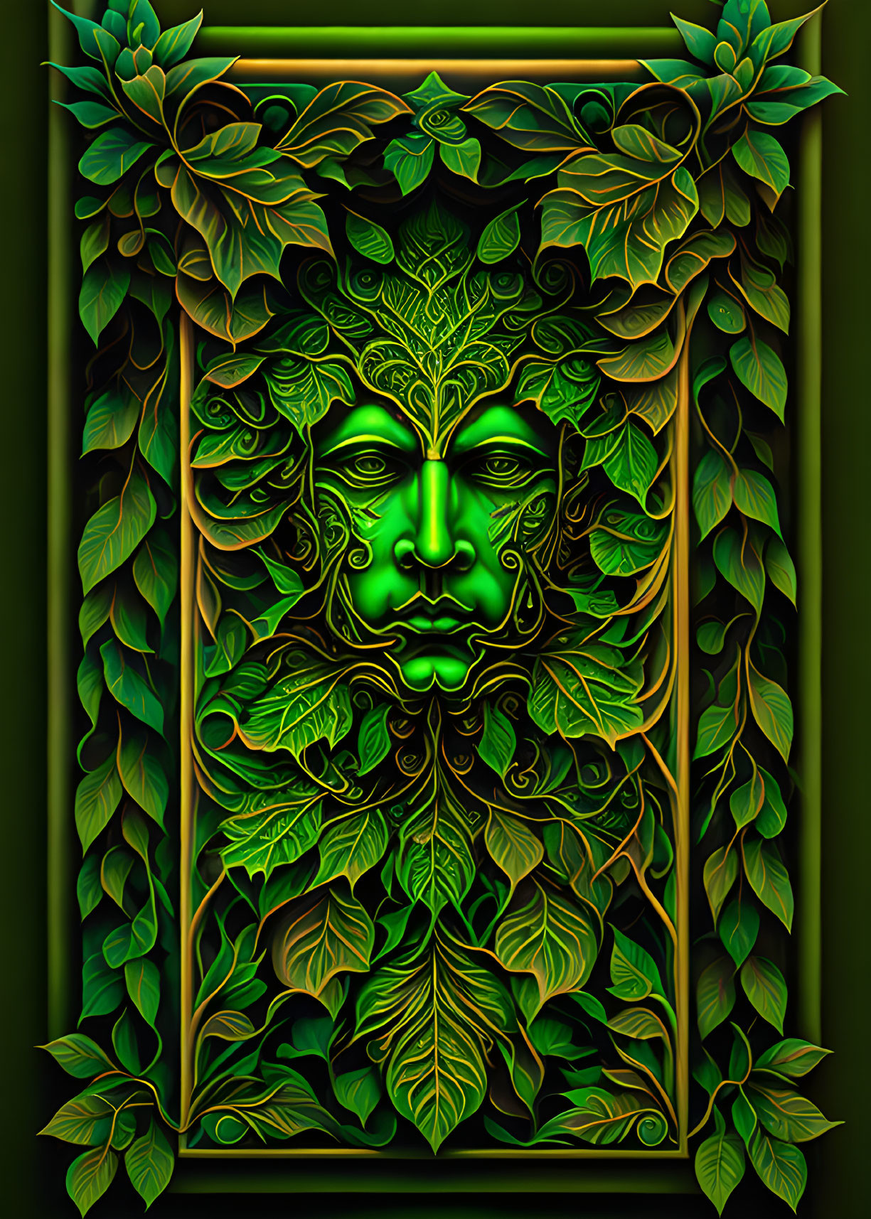 Green Man Artwork with Leaf Face in Ornate Foliage Frame