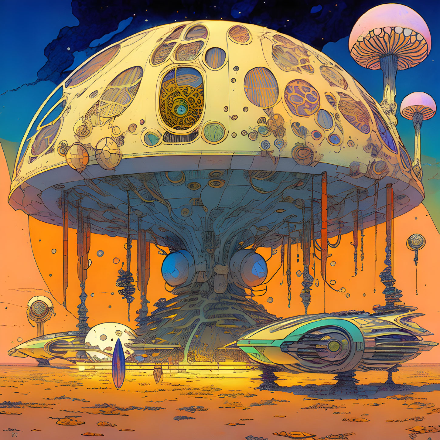 Futuristic sci-fi scene with mushroom-shaped building and alien sky