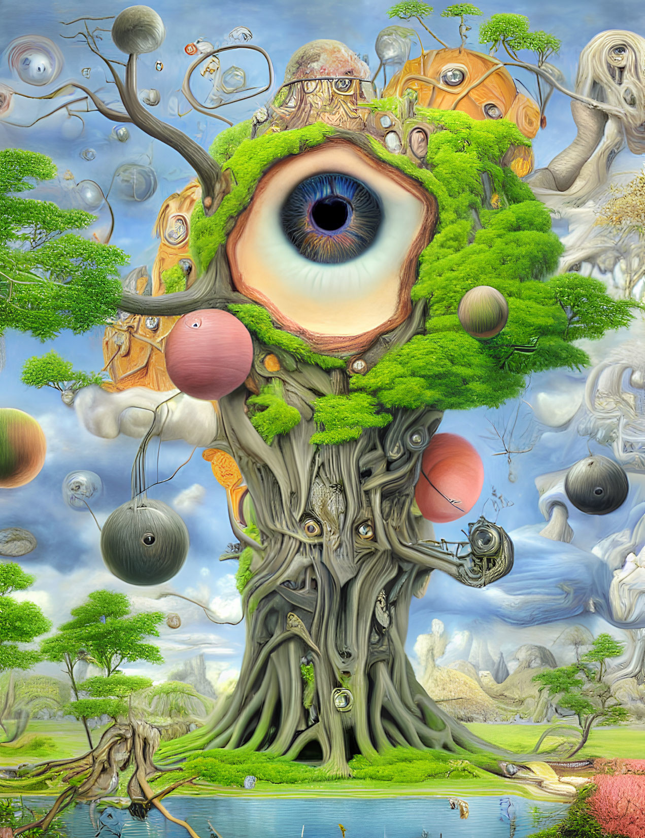 Surreal landscape featuring giant tree with eye, floating orbs, dreamlike scenery