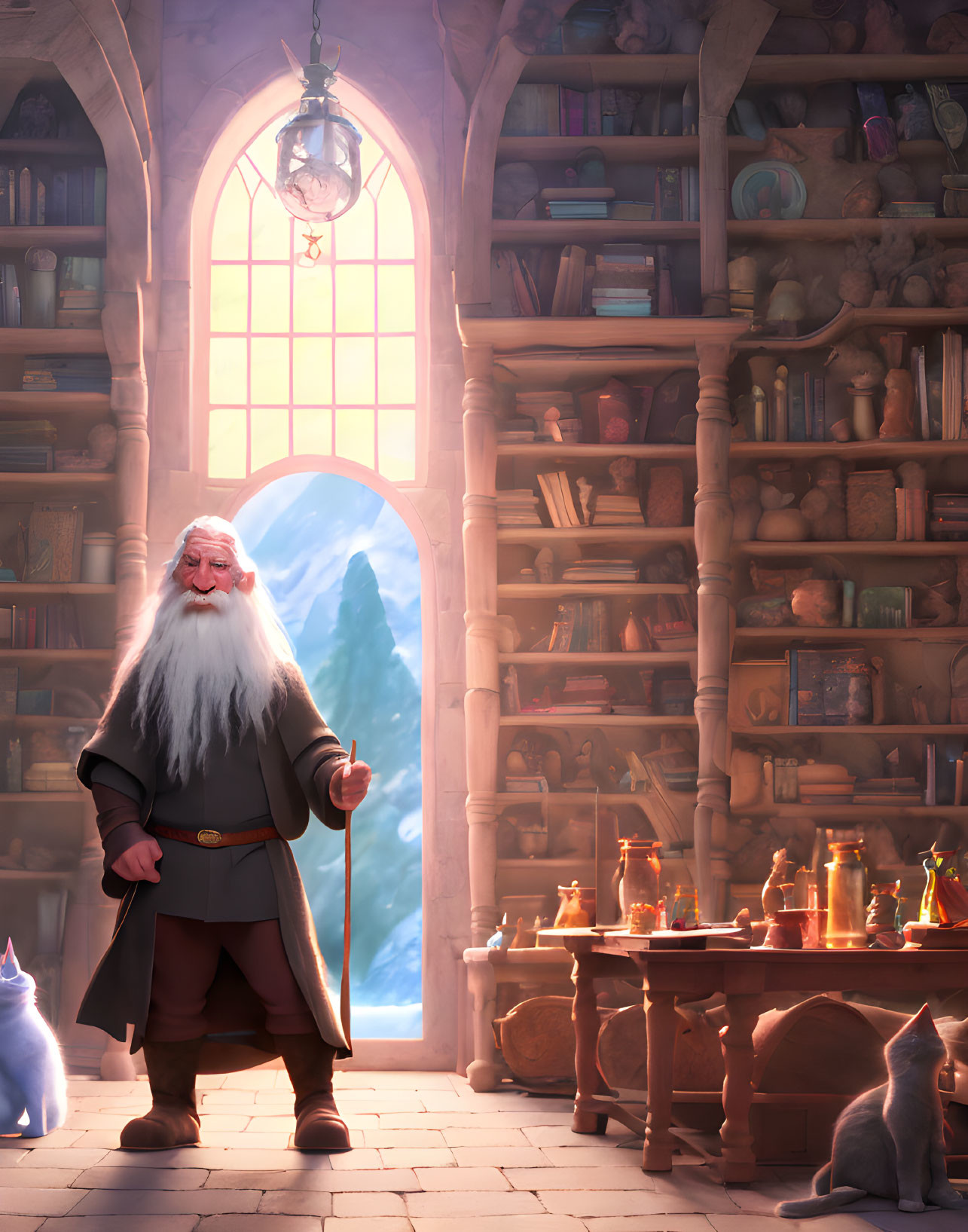 Elderly wizard in cozy study with books, potions, magical chess set, and cats