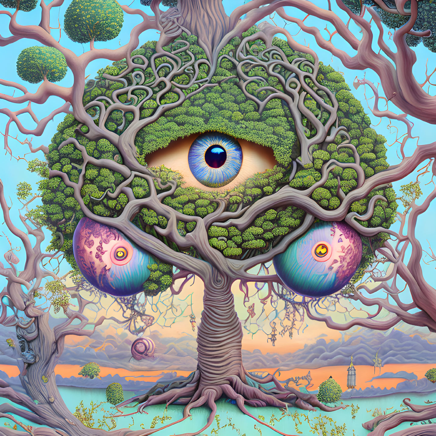 Surreal artwork: tree branches form eye and face shapes against pastel sky