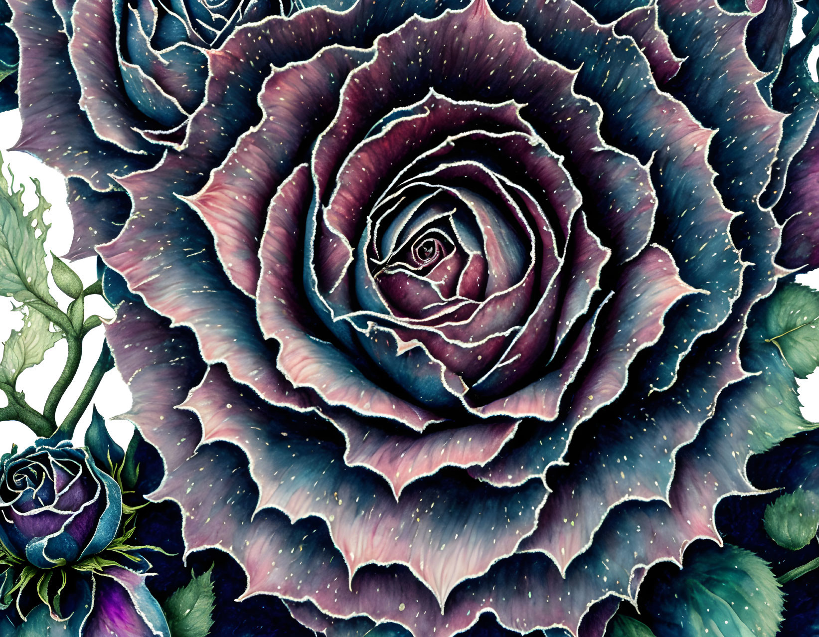 Detailed illustration: Rose with deep purples to blues gradient, intricate petals, realistic texture on dark