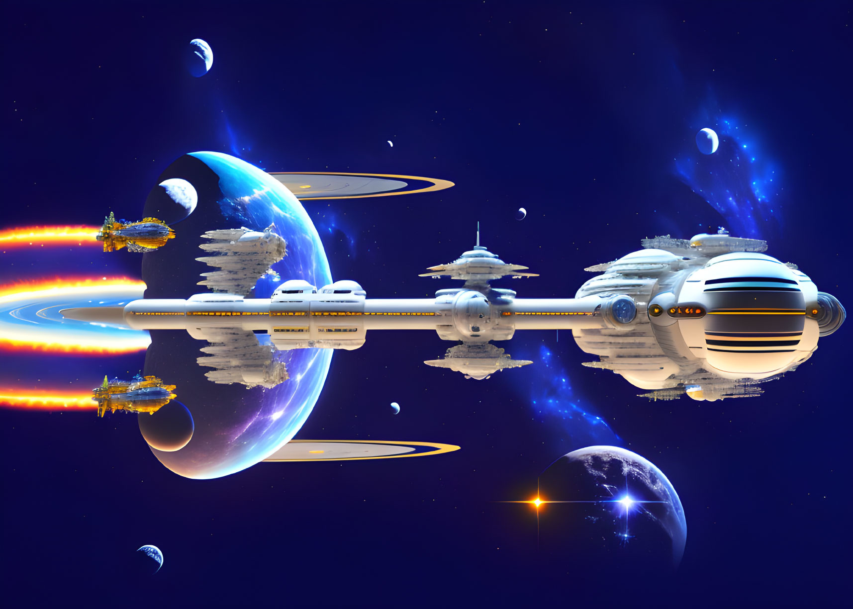 Futuristic spaceships and orbiting planets in vibrant sci-fi space scene