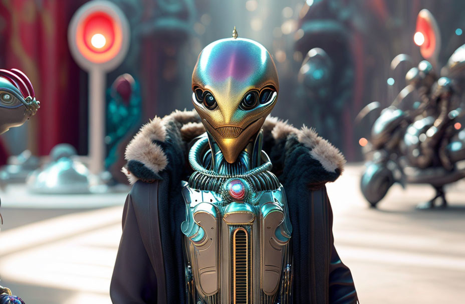 Futuristic robot with golden face and fur collar in sci-fi setting