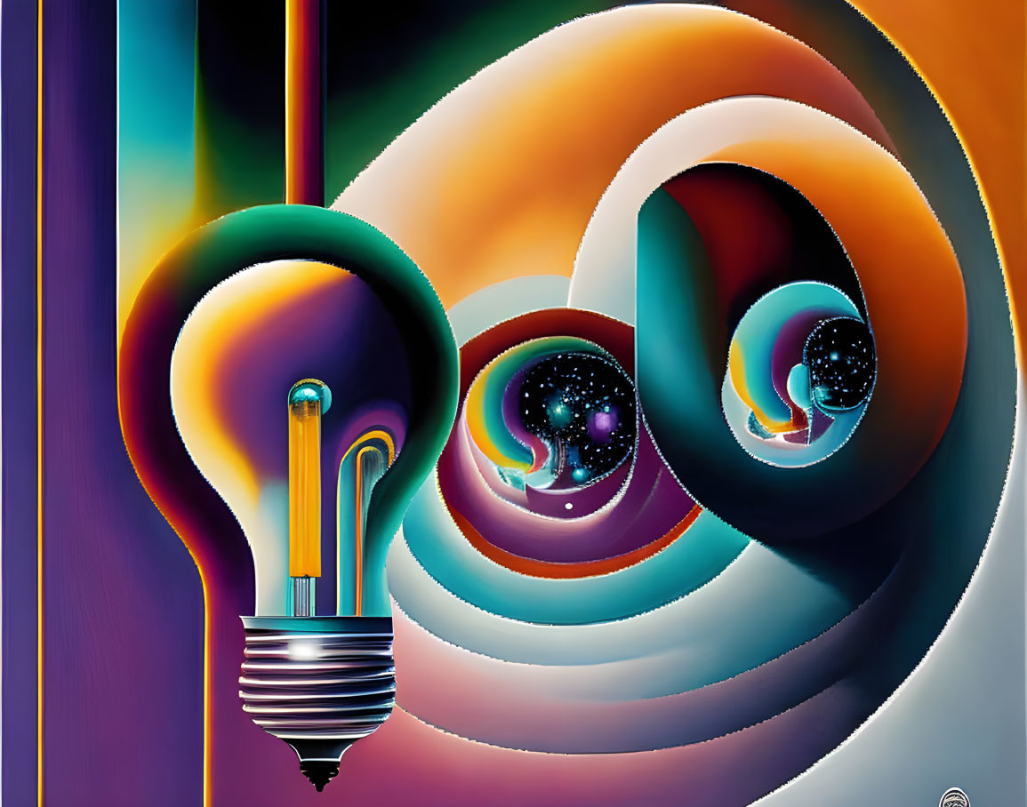 Colorful Cosmic Swirl Lightbulb Artwork on Vibrant Striped Background