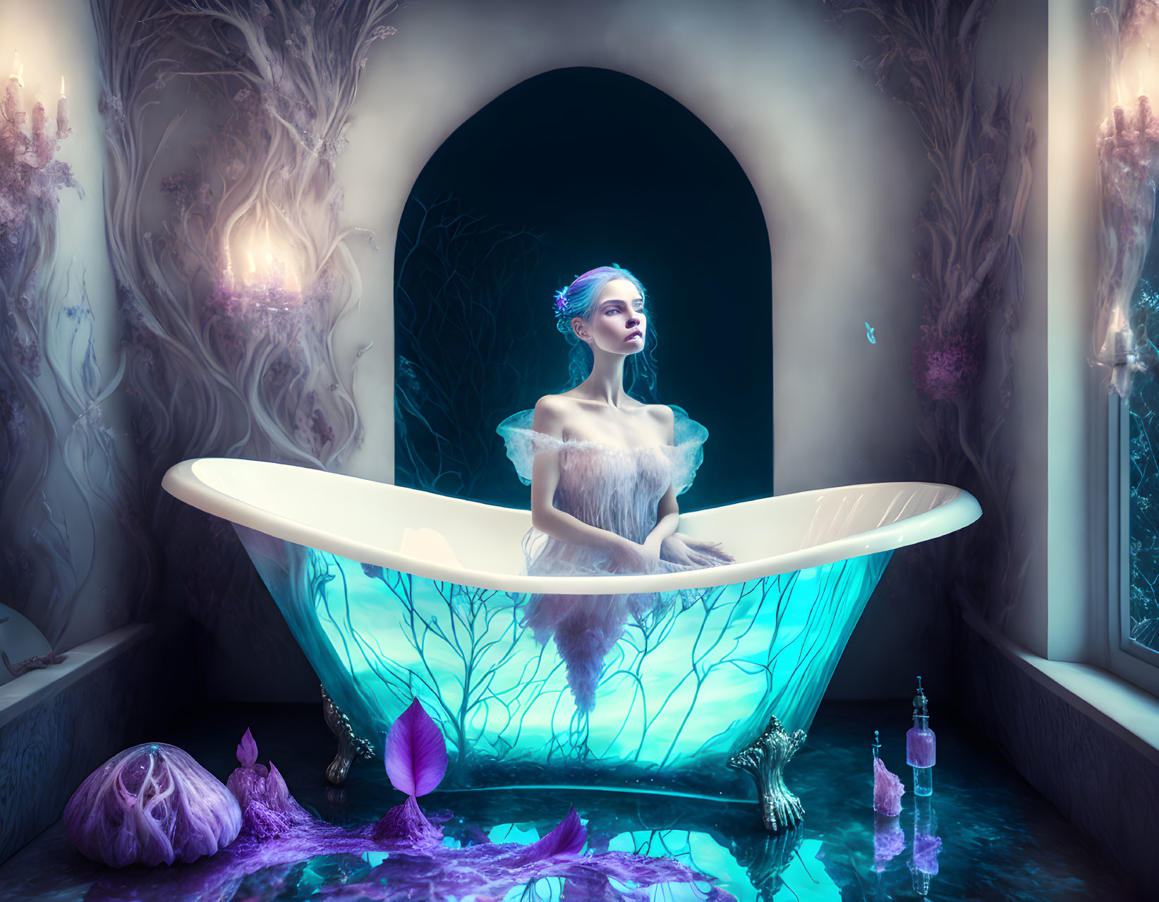 Elegant woman in mystical forest bath with ethereal glow