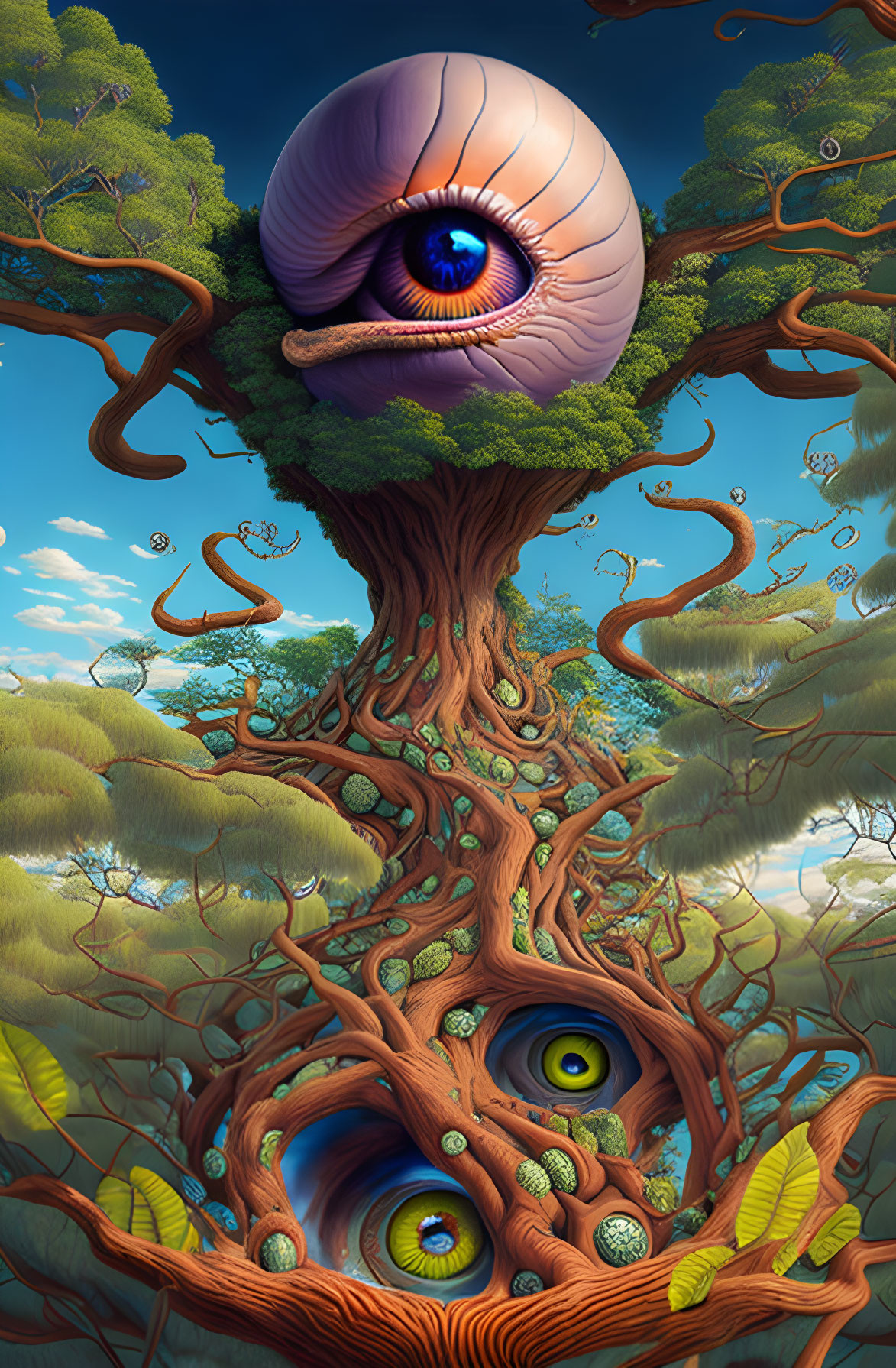 Surreal tree illustration with large eye in vibrant forest