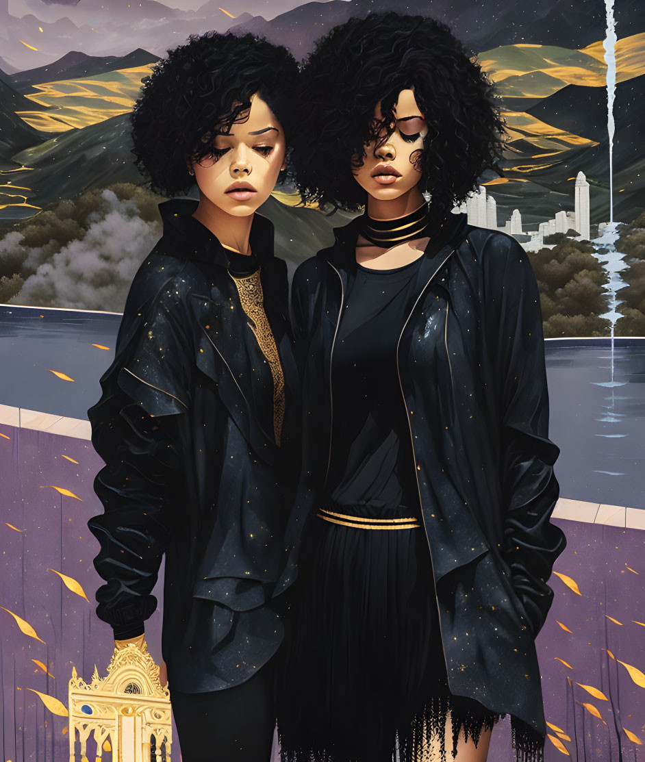 Identical women in black jackets and golden outfits in mountain landscape