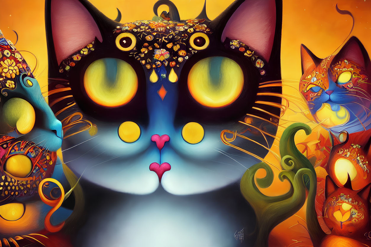 Colorful Whimsical Black Cat Illustration with Expressive Eyes