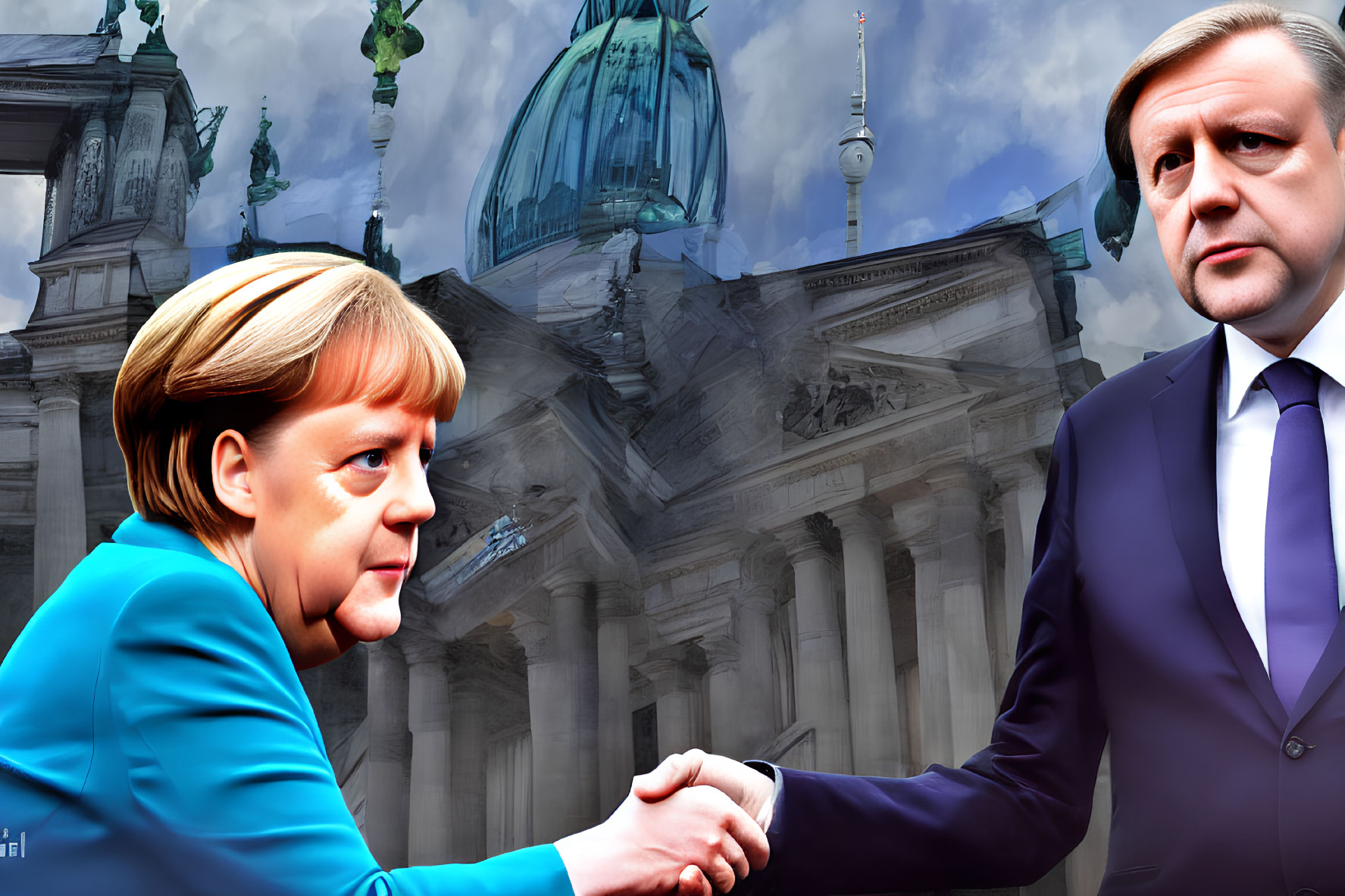 Politicians shaking hands at Berlin Reichstag with TV Tower.