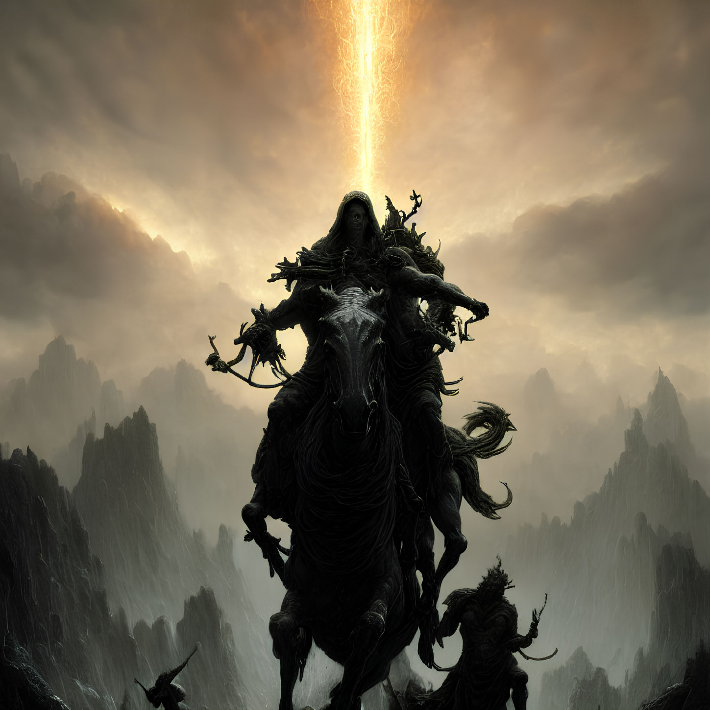 Mystical figure on horseback in forest with mountains and dramatic light beam