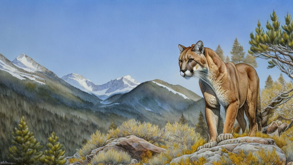 Cougar on Rocks in Forested Mountain Landscape