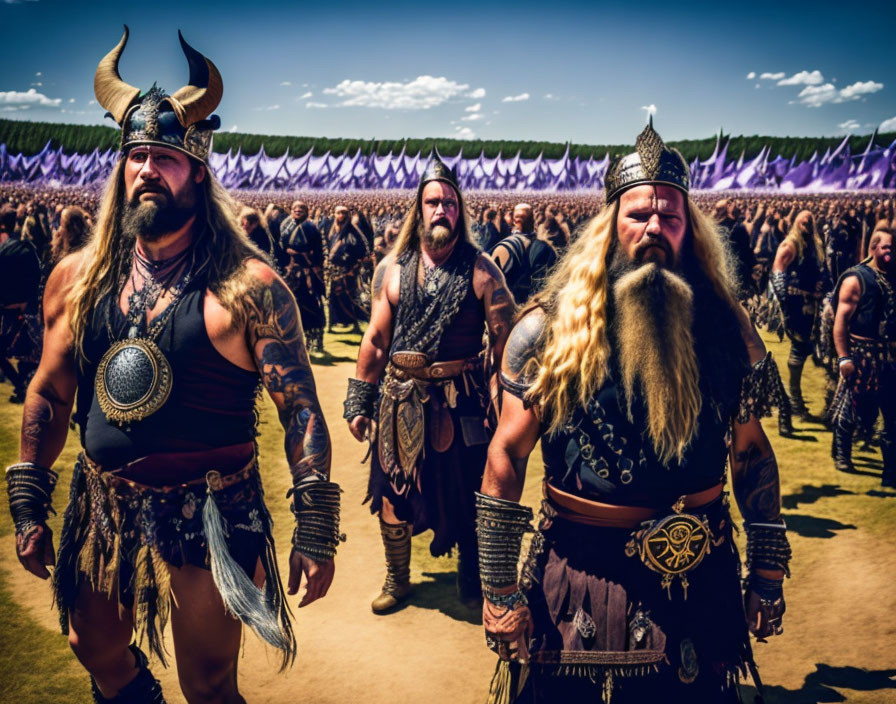 Vikings in traditional attire march under sunny sky