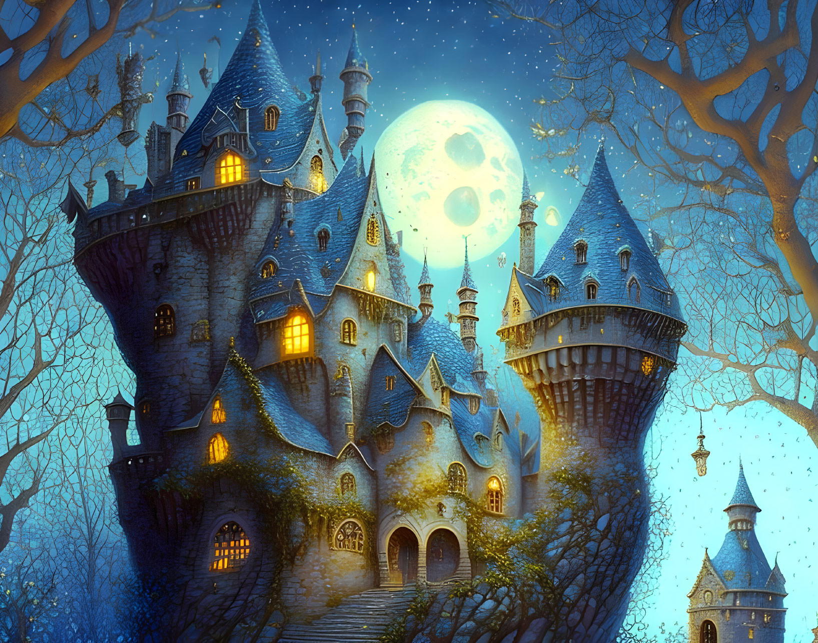 Majestic castle at night with full moon and starry sky