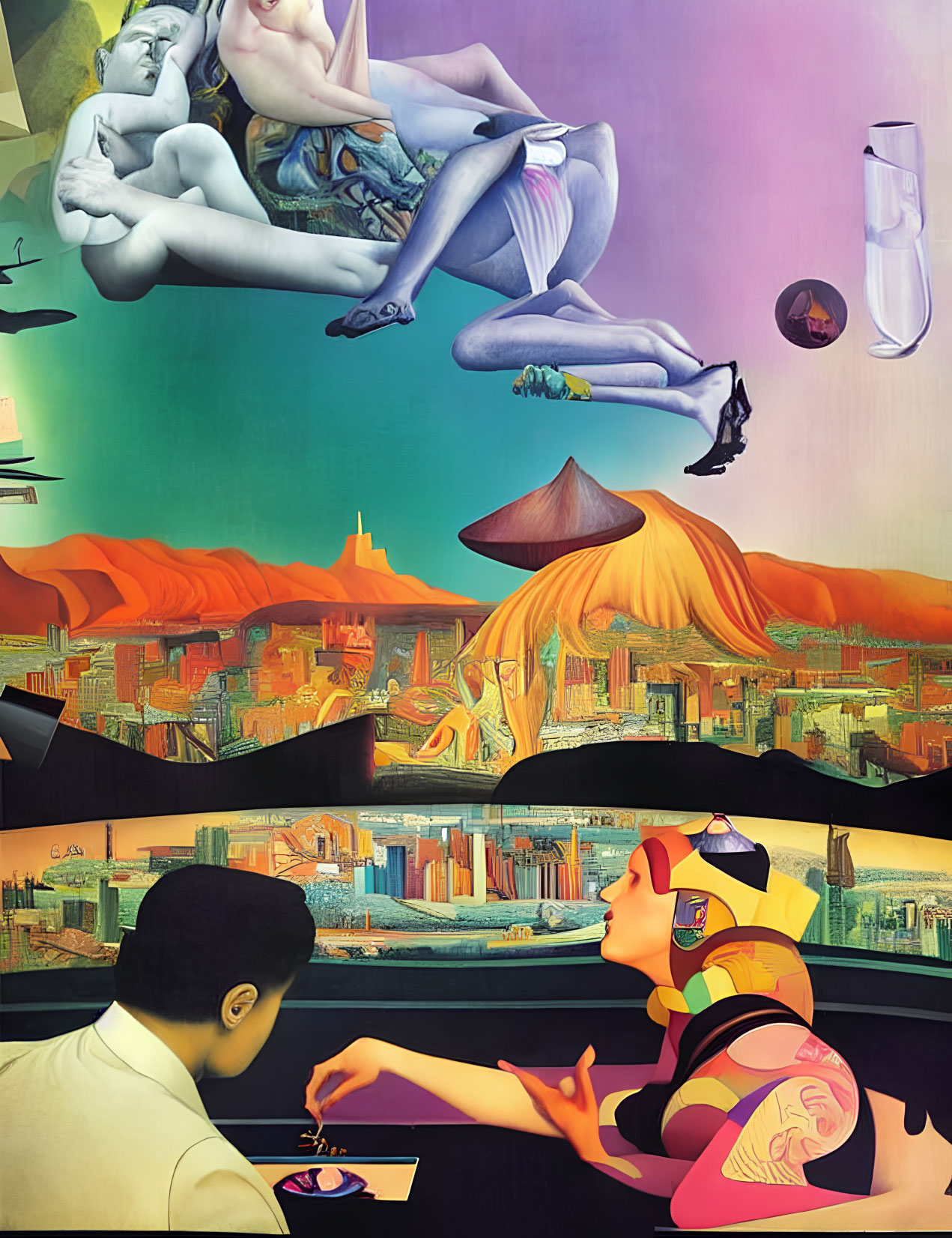 Surreal urban landscape with oversized mushrooms and vibrant colors