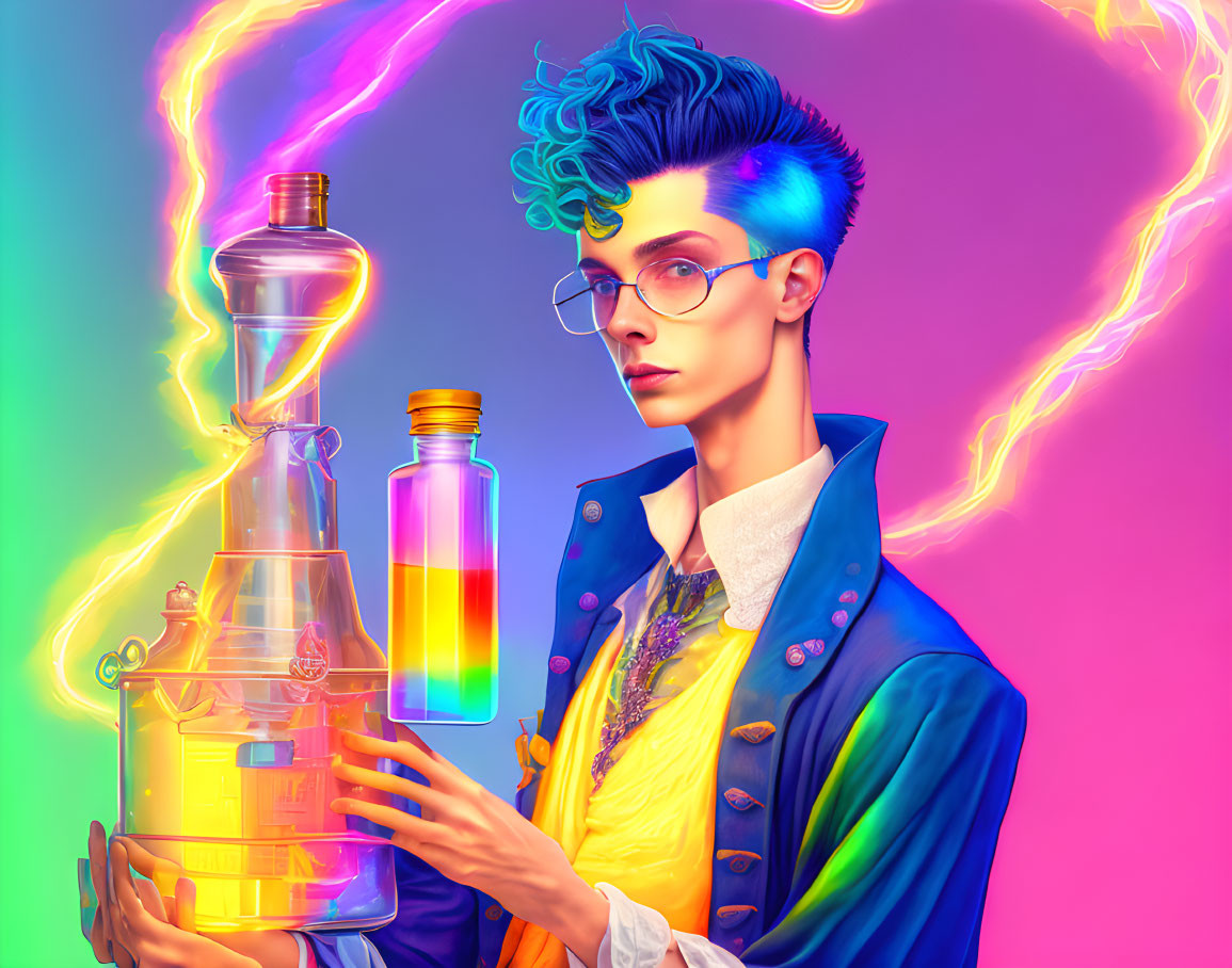 Colorful digital artwork: Stylish figure with blue hair, lantern, and bottle on neon background