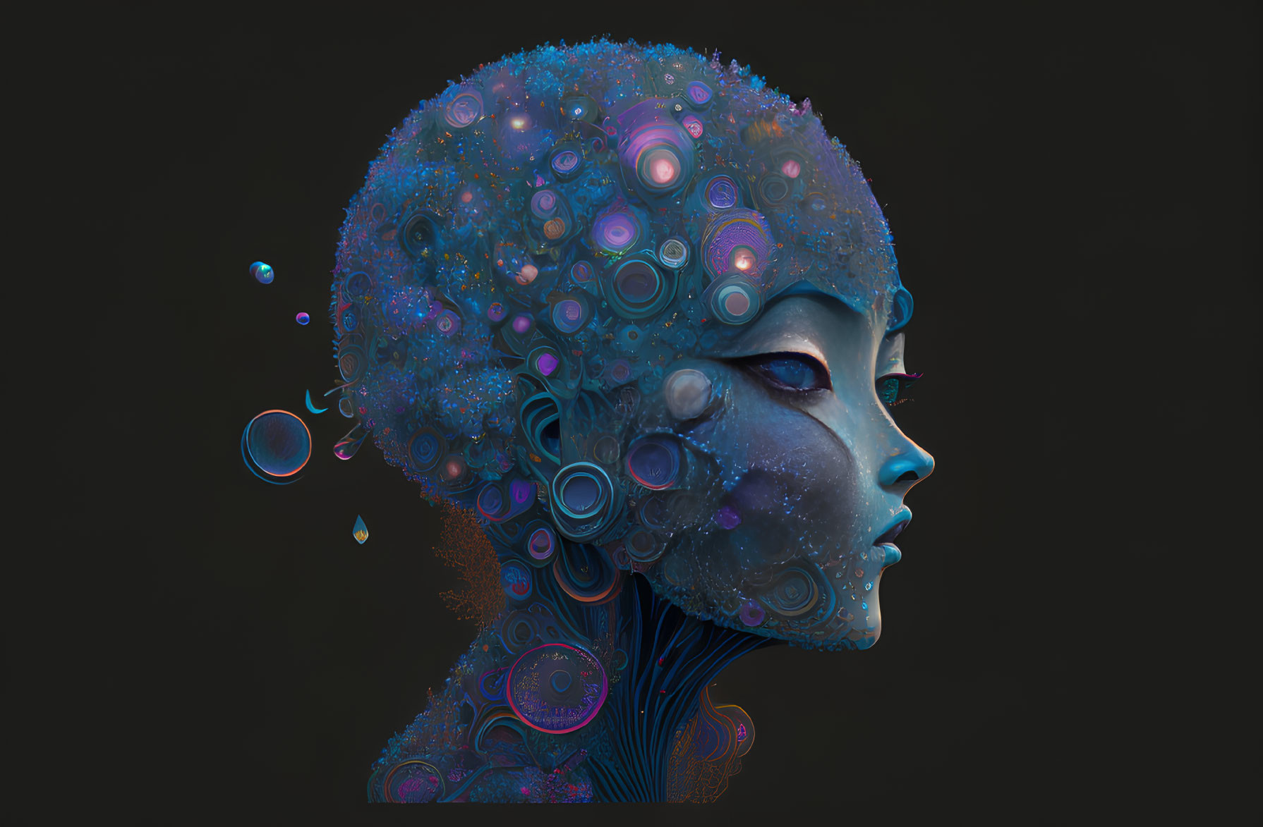 Profile View Digital Artwork: Cosmic-Themed Figure with Vibrant Blue and Purple Head