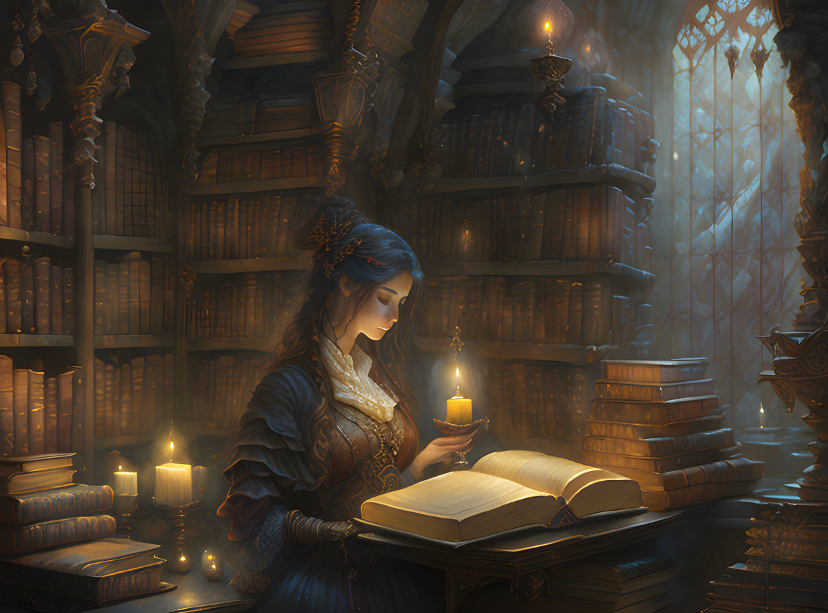 Woman reading book by candlelight in ornate library