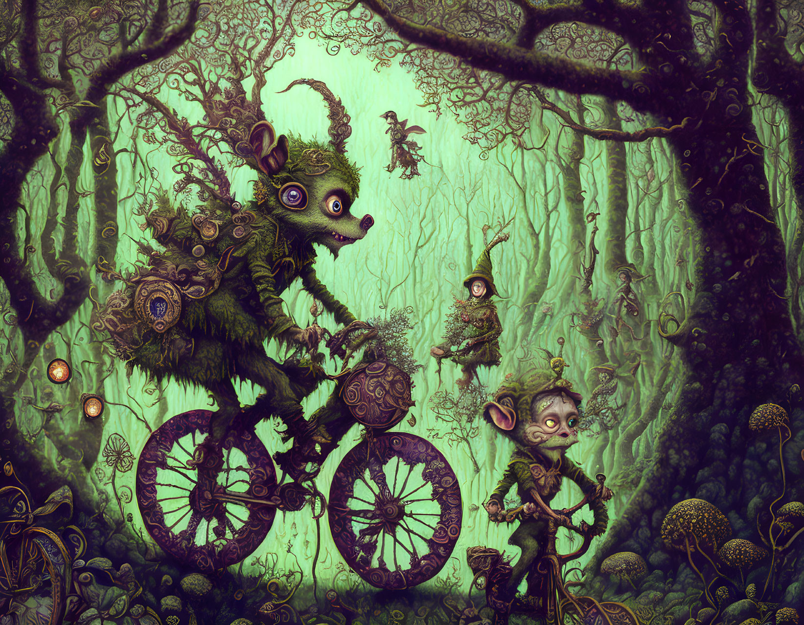 Fantastical creatures on bicycles in mystical forest with glowing mushrooms