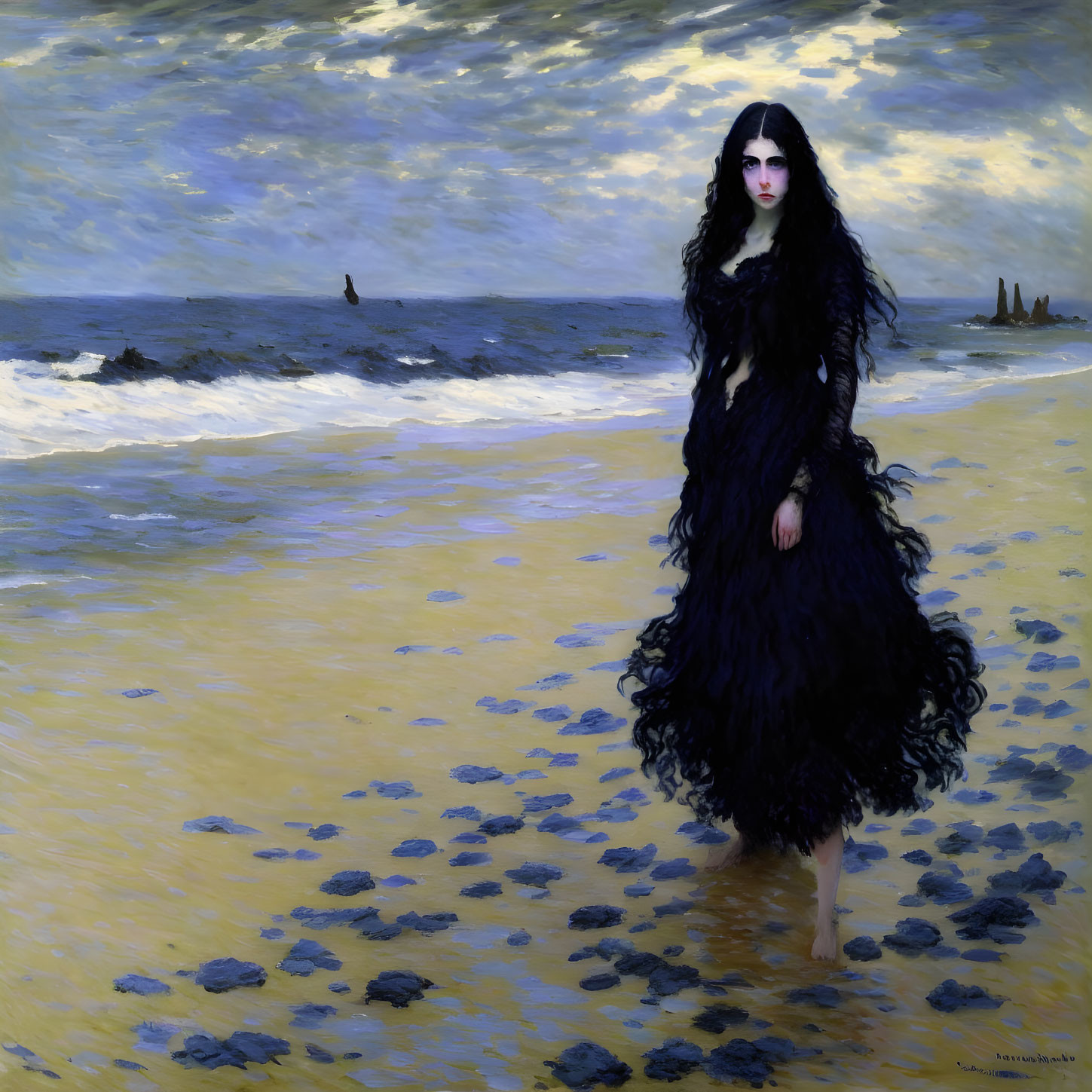 Dark-haired gothic figure on beach with waves, clouds, and ships.