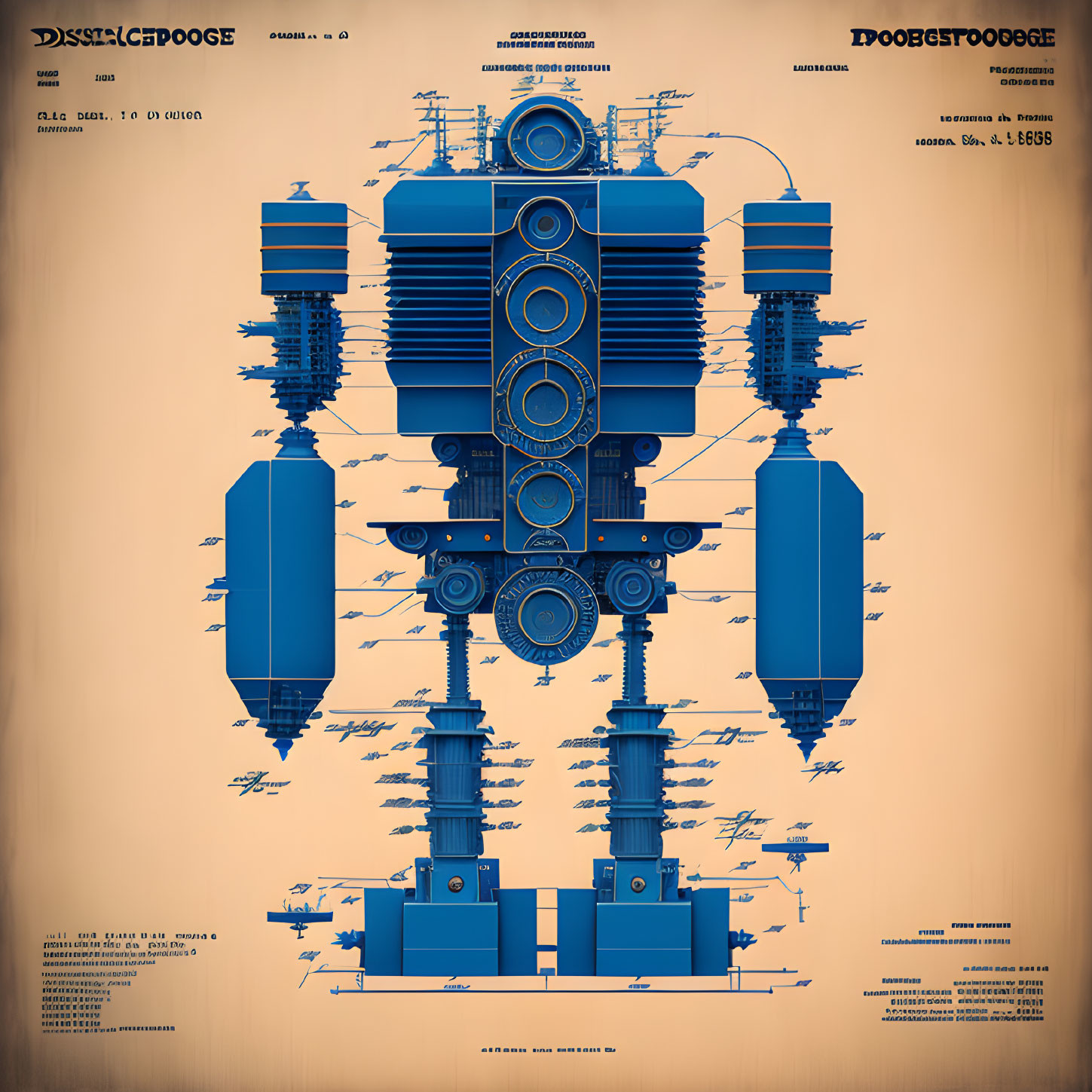 Vintage-style blueprint of fictional engine with annotations & measurements