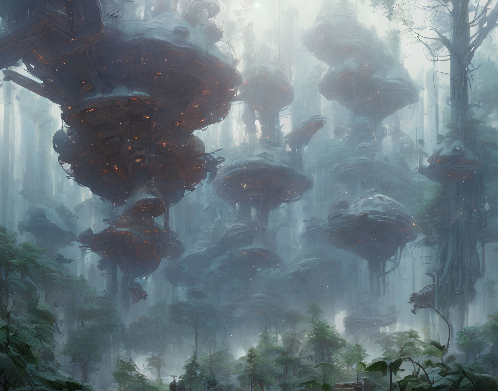 Enigmatic forest with towering trees and floating structures in misty setting