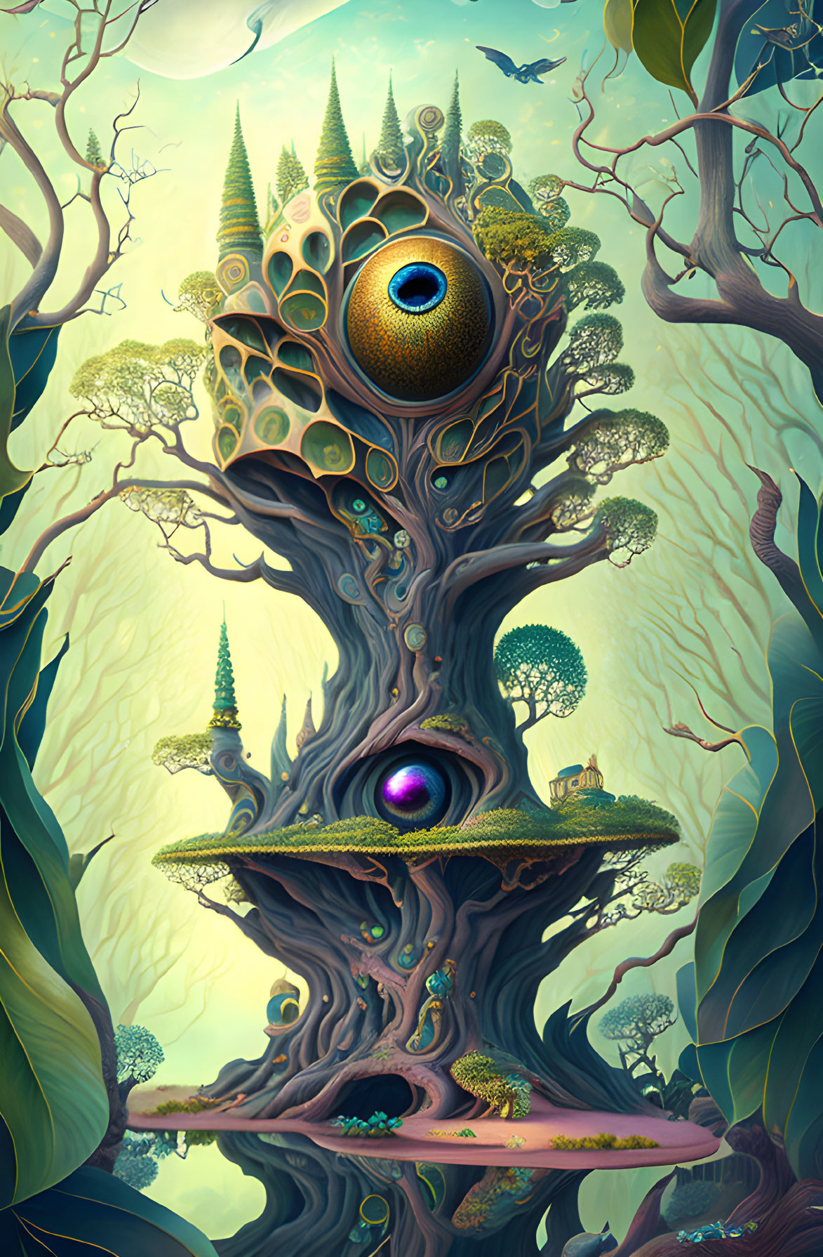 Illustration of fantastical tree with peacock feather leaves and embedded eyes