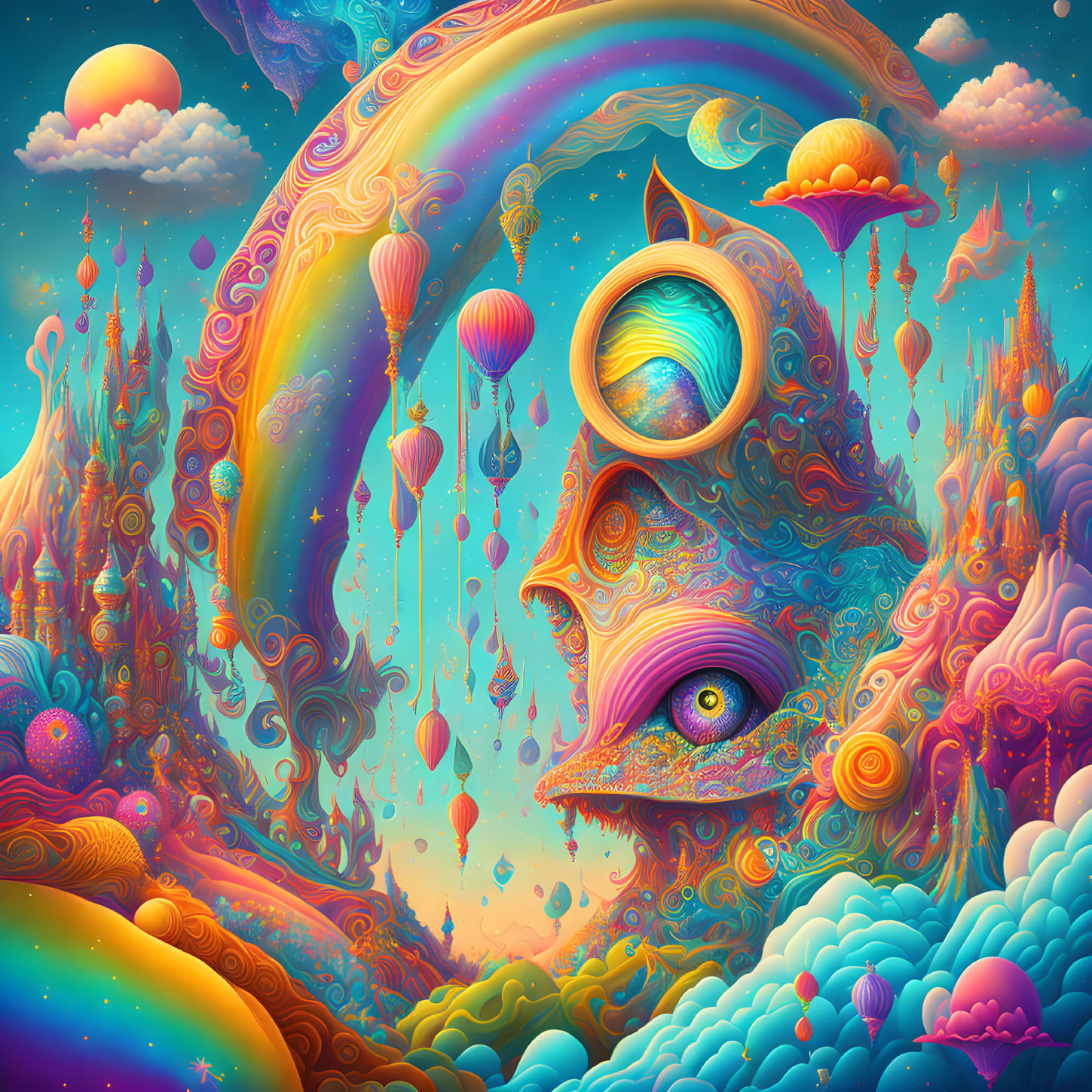 Colorful psychedelic artwork: surreal landscape with face, eyes, patterns, balloons, clouds, and rainbow