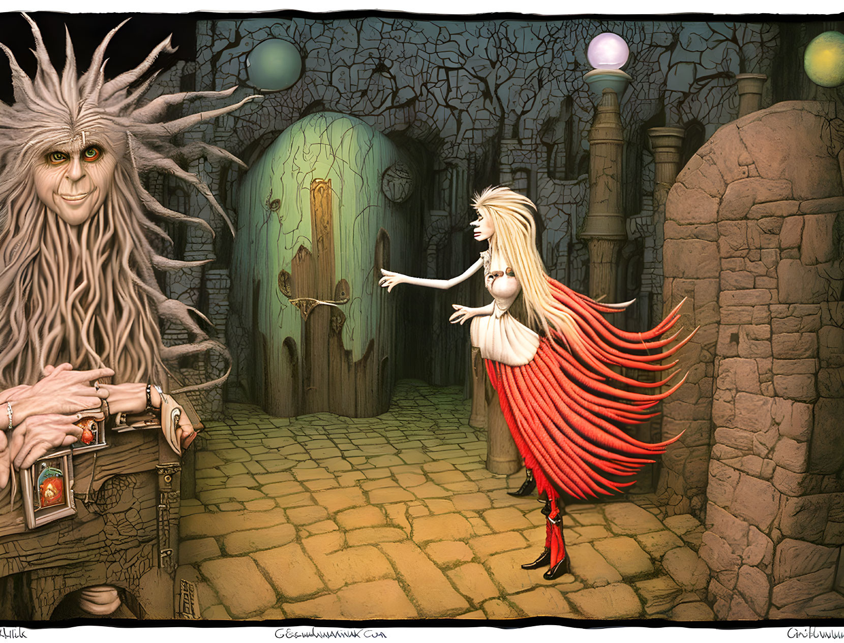 Illustration of Woman in Red Dress Talking to Tree-Like Creature