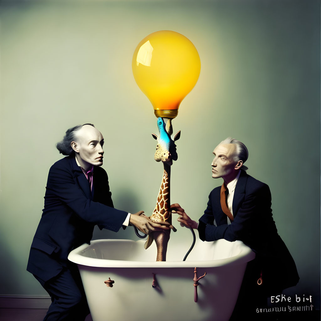 Identical men in suits with giraffe lightbulb and bathtub scene